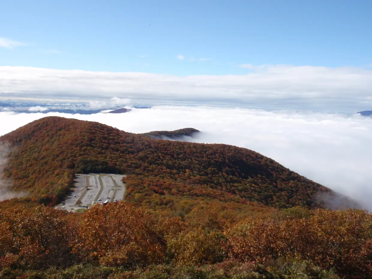 A fall-colored ridge with the summit parking lot below, rising above a blanket of clouds that fills the valleys under a blue sky.